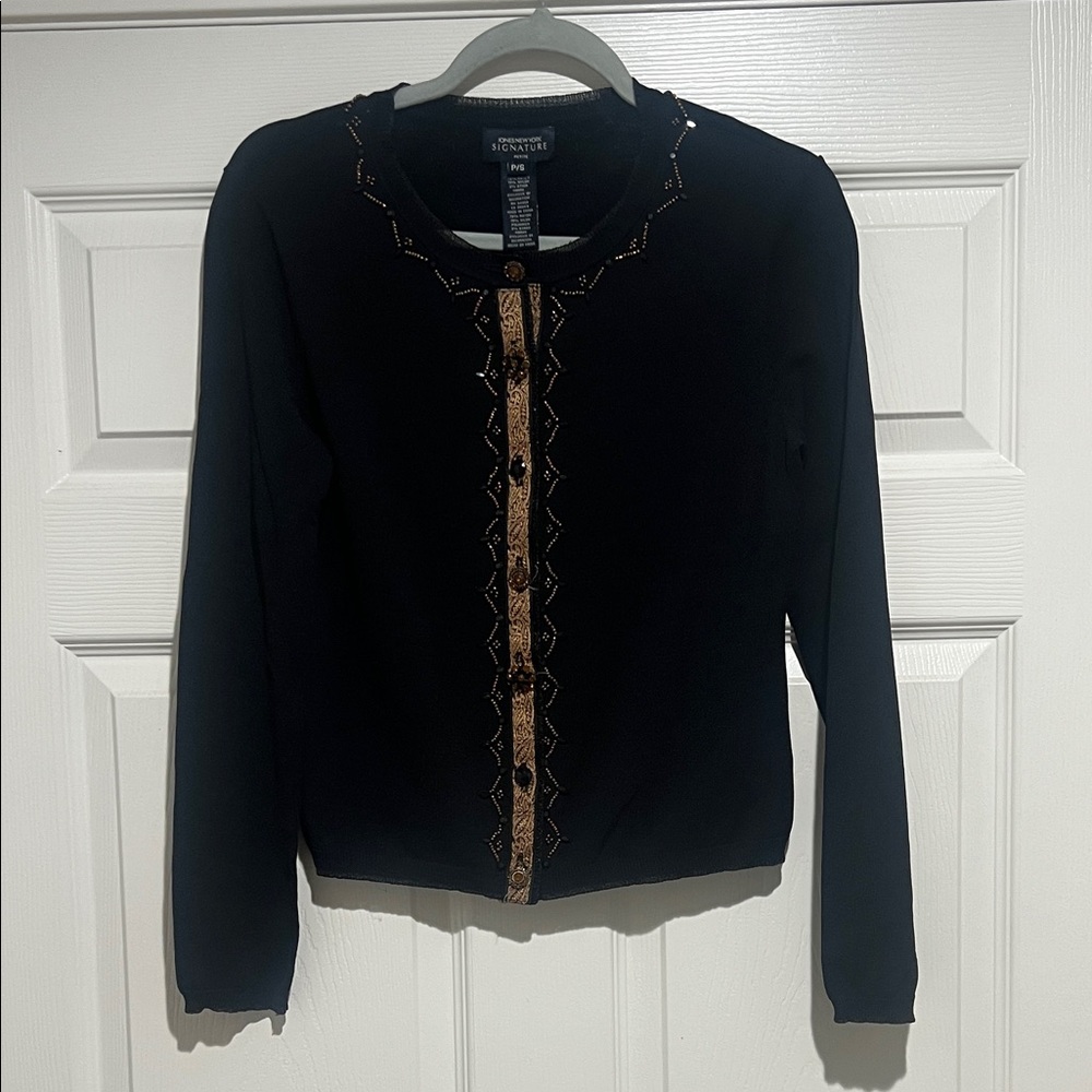 Jones New York Signature Black Button Down Sweater with Bronze Details